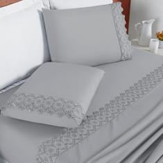Jogo De Cama Casal Queen London Bordado Inglês 200 Fios 4pç Super Maci
