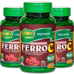 Kit 3 Ferro Com Vitamina C Unilife 60 Cápsulas