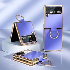Capa traseira protetora de tela dobrável para Samsung Z Flip 4 Flip 3 Capa de couro Capa para celular com fivela de anel de dedo, roxa, para Galaxy Z Flip 3