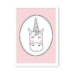 Arte Maníacos Quadro Decorativo Unicórnio Linhas Fundo Rosa - 23x16,25cm (Moldura caixa em laca branca)