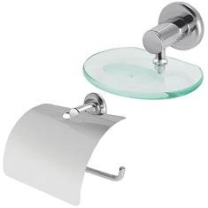 Kit banheiro saboneteira vidro 6mm + papeleira c/proteção inox