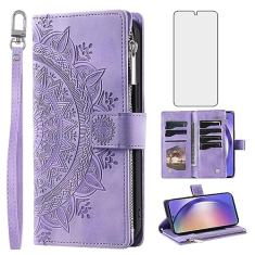 Asuwish Capa de telefone para Samsung Galaxy A54 5G capa carteira com protetor de tela de vidro temperado e alça de pulso mandala flor flip zíper suporte para cartão celular A 54 54A SM A546U 2023