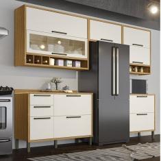 Cozinha Compacta Ind 280cm 5 Peças Vidro Reflecta Balcões e Tampos 100% MDF Vicenza Espresso Móveis Amêndoa/Off White
