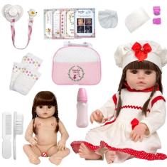 Boneca Reborn Cabelo Longo Castanho Pode Dar Banho + Itens - Cegonha R