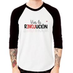 Camiseta Raglan Viva la Revolución Manga 3/4 - Foca na Moda, Branco, P