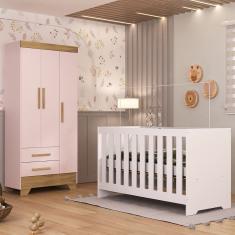 Quarto de Bebê com Guarda Roupa 3 Portas 2 Gavetas Berço 3 em 1 Catavento Maya Rodial
