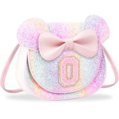 Presentes de aniversário para meninas de 2, 3, 4, 5, 6, 7, 8, 9 e 10 anos de idade, bolsa infantil infantil para meninas pequenas com laço de orelha de rato personalizado, Grande-glitter-pinkletter,
