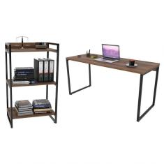 Conjunto Escritório Estilo Industrial Mesa 150cm E Estante 60cm 3 Prateleiras Prisma C08 Nogal