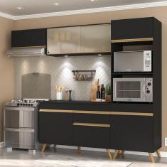 Armário De Cozinha 252cm Com Leds Multimóveis Preto/dourado