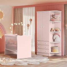 Quarto de Bebê Doce Sonho com Roupeiro 825 e Berço Simples 1 Qmovi Rosa Acetinado