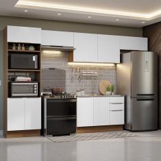 Armário de Cozinha Completa Stella 9 Portas 2 Gavetas MDF 350cm Branco Rustic com Tampo MDP