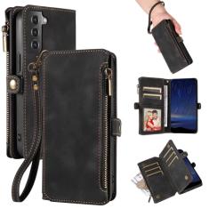 ZONNAVI Capa carteira para Samsung Galaxy S21 FE, [bloqueio RFID] Capa de telefone de couro PU para mulheres e homens com zíper para cartão de crédito, alça de pulso à prova de choque capa flip para