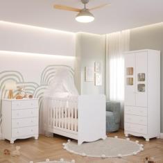 Quarto de Bebê Completo Berço Americano Ben 3 Em 1 Cômoda Júnior Simples 4 Gavetas Guarda Roupa Uli 2 Portas 3 Gavetas Branco Carvalho 100% Mdf Móveis