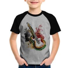 Camiseta Raglan Infantil Guitarra Reggae - Foca na Moda, Cinza, Preto,