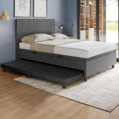 Base Cama Baú Casal Com Cama Auxiliar C/colchão Conjugado Linho - Skybox Cor Preto