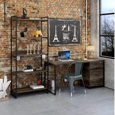 Conjunto Home Office Industrial 3 Peças 1 Escrivaninha 1 Estante e 1 Gaveteiro Kuadra Compace Carvalho Dark