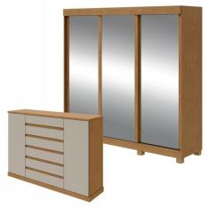 Conjunto de Guarda-Roupa Saion Plus Super Glass com Pés e Cômoda Vedra  Amêndoa Clean/Off White