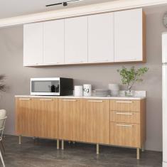 Cozinha Compacta Girassol 200cm com Tampo, 4 Peças, 9 Portas e 3 Gavetas com Divisor de Talheres Freijó//Branco