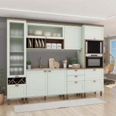 Cozinha Completa 6 Peças 1 Cristaleira 2 Armários Aéreos 1 Paneleiro 2 Balcões Iluminata Genialflex Verde Mint/Ébano