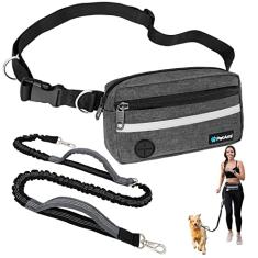 PetAmi Coleira para cães mãos livres, correia para corrida de cães para passear, correr, bolsa com zíper para cintura de cachorro com dispensador de saco de cocô, alças duplas acolchoadas, coleira elástica durável refletiva, dupla