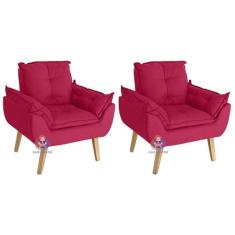 Kit 02 Poltrona/Cadeira Decorativa Glamour Vermelho Com Pés Quadrado -