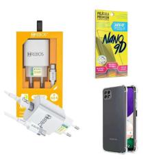 Kit Carregador Turbo + Capinha Samsung A22 5G + Película 9D - Hrebos