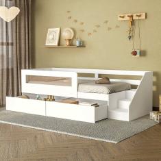 Cama Infantil Space Solteiro com 2 Gavetas, Rattan, Grade de Proteção e Escada de Acesso Casatema Branco