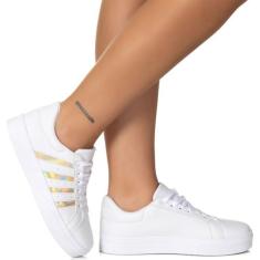 Tenis Listras Casual Feminino Branco Dourado Estilo Shoes, Branco, Dou