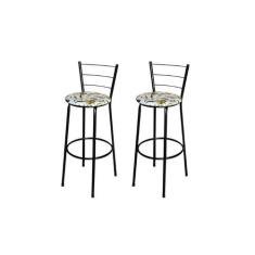 Jogo 2 Banqueta Alta Para Cozinha Epoxi Preta Estofado Floral - Lamar 