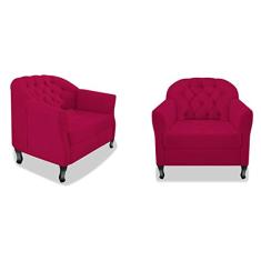 Kit 02 Poltrona Cadeira Sofá Julia com Botonê Pés Luiz XV para Sala de Estar Recepção Quarto Escritório Corano Pink - AM Decor