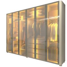 Guarda Roupa de Casal Gelius Innova com 250 cm de Largura 6 portas com 6 portas de vidro reflecta 4 gavetas com pés e LED OFF White