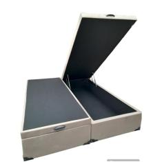 Cama Box Baú Queen Bipartido Blindado Suede Bege Com Pistão A Gás
