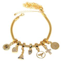 Pulseira Berloques Religiosa Aparecida Cruz Fé Folheado