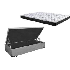 Cama Box Baú Solteiro Colchão Espuma D33 Bordado + Box Suede Cinza 53x78x188