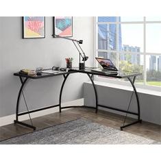 Escrivaninha de vidro em forma de L, mesa de console de escritório doméstico com moldura de metal, mesa de estudo, mesa de computador, penteadeira de maquiagem, estação de trabalho para pequenos