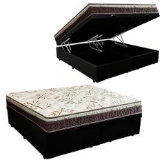 Cama Box Baú Bipartido Casal Sintético + Colchão Casal Espuma Extra Firme D33 Elegance Ortopédico 64x138x188