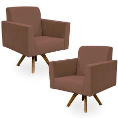 Kit 2 Poltronas Decorativas Giratória Sala de Estar Base de Madeira Helô L02 Suede Rosê - Lyam Decor