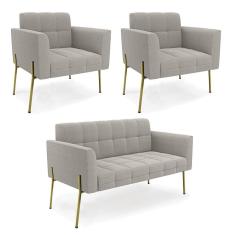 Namoradeira E 2 Poltronas Pé De Ferro Dourado Elisa Bouclê Cinza D03 - D'rossi