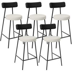 Kit 05 Banquetas Baixa Cozinha Sala Jantar Milão L02 Couríssimo Preto Linho Champagne - Lyam Decor