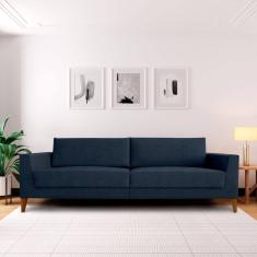 Sofá 4 Lugares 260cm Break Estilo Moderno Linho Pés em Madeira Maciça Azul Jeans