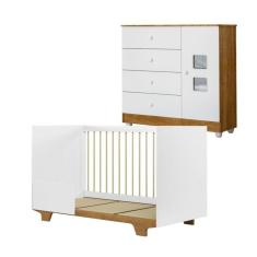 Quarto de Bebê com Berço Mini Cama 100% Mdf Flocos e Cômoda de Bebê 100% Mdf 1 Porta 4 Gavetas Life Branco/Madeirado Ypê
