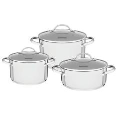 Jogo de Panelas Tramontina Una em Aço Inox com Fundo Triplo e Tampas de Vidro 3 Peças