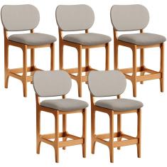 Kit 05 Banquetas Baixa Bar Cozinha E Sala De Jantar Fixa Betta L02 Imbuia Linho Bege - Lyam Decor