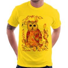 Camiseta Coruja e Folhas - Foca na Moda, Amarelo, GG