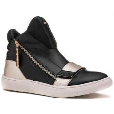 Tênis Feminino Rock Fit Blink Em Couro Preto e Dourado-Feminino