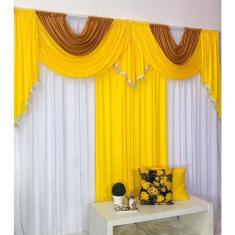 Cortina Barcelona 3,00M X 2,60M Amarela Tecido Malha Gel Varão Duplo Sala Quarto