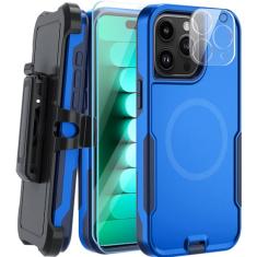 muitq Capa magnética para iPhone 15 Pro Max, [compatível com MagSafe] [coldre com clipe de cinto], com 2 películas de vidro + 1 proteção de lente, capa de telefone para Apple iPhone 15 Pro Max de 6,7