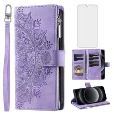 Capa de celular para Xiaomi 14 Ultra 5G com protetor de tela de vidro temperado alça de pulso mandala flor de couro flip zíper suporte para cartão de crédito suporte celular Mi 14Ultra feminino