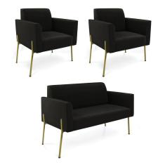 Sofá Namoradeira e 2 Poltronas Pé de Ferro Dourado Marisa Suede D03 - D`Rossi