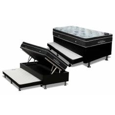 Cama Box Baú C/auxiliar Solteiro: Colchão Molas Ortobom Nanolastic Ortobom Exclusive + Base Crc Courano Black(88x188)